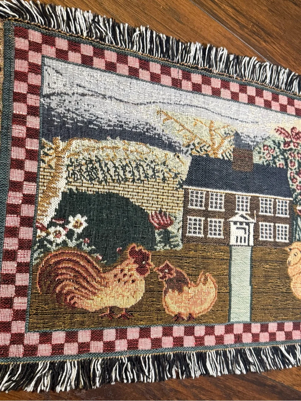 Cottagecore Farmhouse Rug Woven Folk Art Sheep Chicken Rustic Heritage Grandma